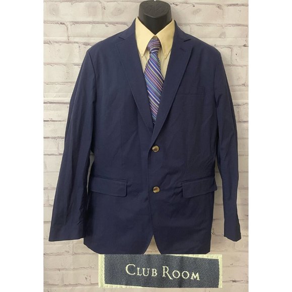 Club Room‎ sport coat Blazer Mens Two Button Navy Blue Sz L Cotton Blend Stretch - Picture 1 of 12
